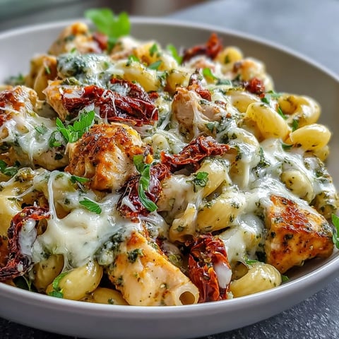 Steaming Pesto Chicken Chili Mac in a rustic pot, with melty mozzarella, sun-dried tomatoes, and fresh basil garnish.