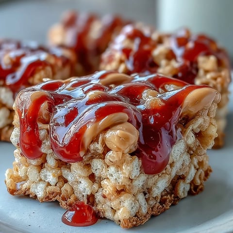 Freshly cut High-Protein PB&J Rice Krispie Bars show a marbled peanut butter and jelly topping on a chewy cereal base.