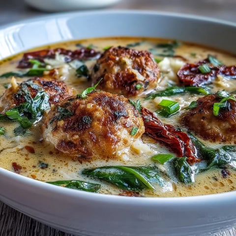 Creamy Tuscan Turkey Meatball Soup is ladled into a white bowl, showcasing tender turkey meatballs in a rich garlic Parmesan broth with wilted spinach and sun-dried tomatoes.