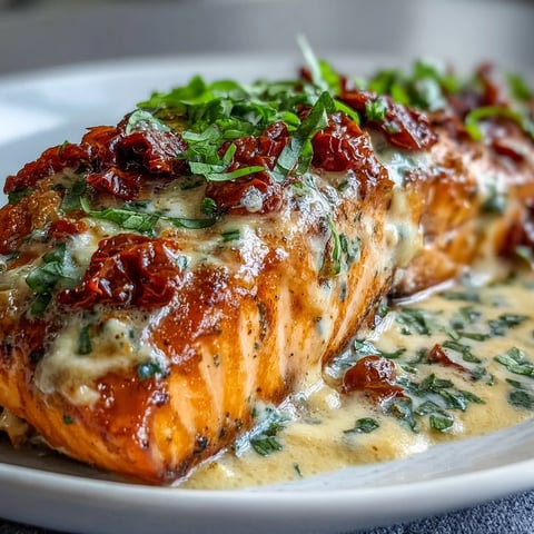 Golden-brown Marry Me Salmon fillets resting in a creamy, sun-dried tomato sauce, garnished with fresh basil.