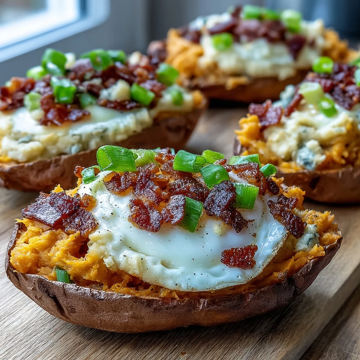 Golden-baked sweet potatoes halved and filled with a savory mix of crispy bacon crumbles, melted cheddar, and a perfectly baked egg, topped with fresh scallions.