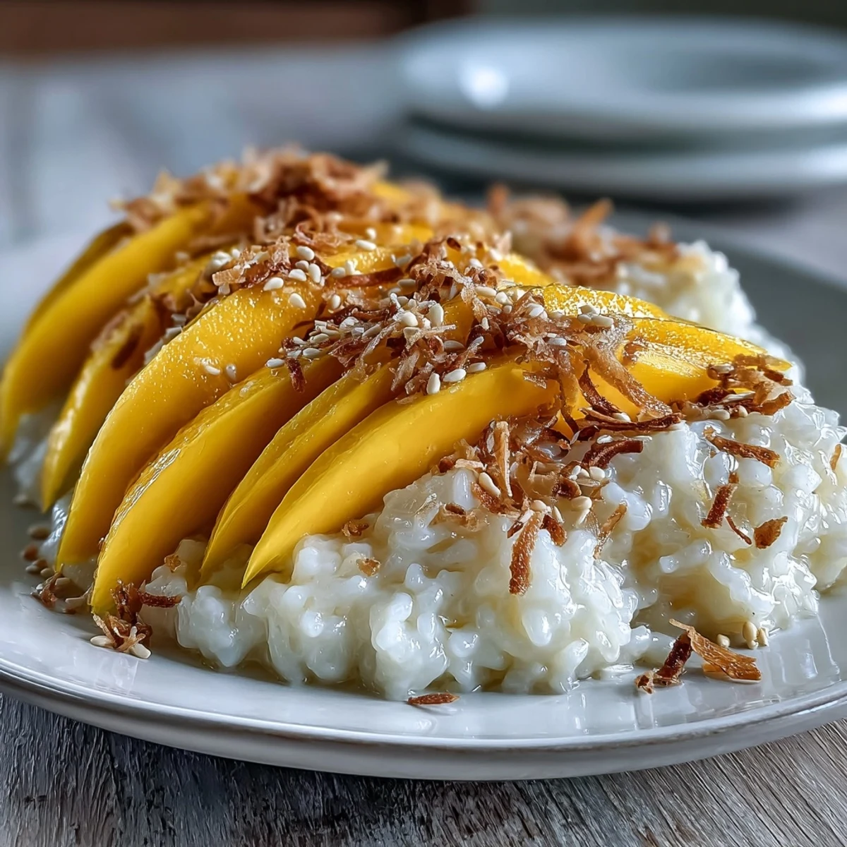 Golden slices of ripe mango rest on a mound of creamy coconut sticky rice garnished with toasted sesame seeds.