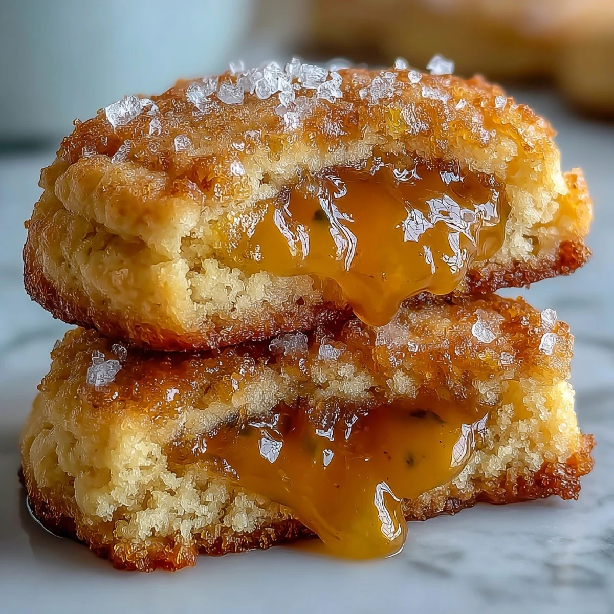 Freshly baked, golden-edged Passionfruit Curd Cookies are being gently pulled apart to reveal the vibrant, creamy filling.