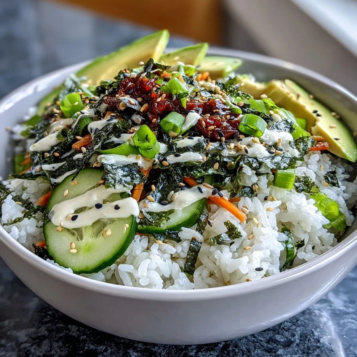 A vibrant Seaweed Snack Sushi Bowl features fluffy rice, crisp nori strips, and fresh avocado, drizzled with creamy spicy mayo.