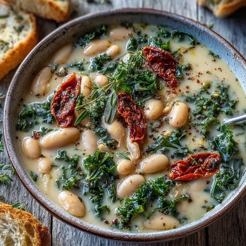 Creamy Tuscan White Bean & Kale Soup steaming in a rustic bowl with fresh thyme garnish.