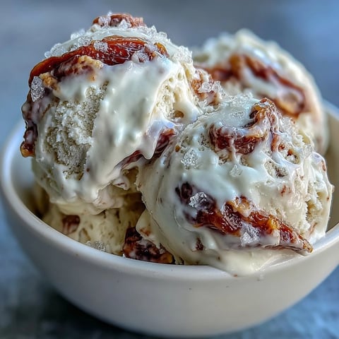 Creamy Tahini Ice Cream with Dates is scooped into a bowl, topped with sticky date swirls and flaky sea salt.