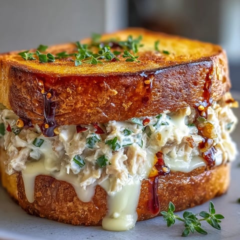 Golden, toasted sourdough slices hugging melted provolone and spicy Calabrian chili tuna salad for a hearty lunch.