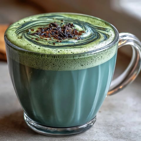 Two mugs of Black Sesame Matcha Latte show a beautiful marbled swirl of deep green and black hues, with steam rising and a sprinkle of matcha powder on top.