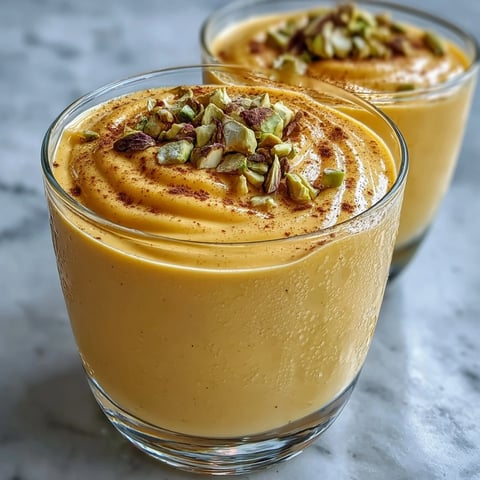 Two chilled glasses of homemade Mango Lassi garnished with chopped pistachios and a light dusting of cardamom.