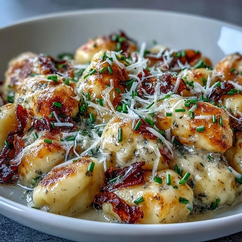Freshly cooked potato gnocchi tossed in rich black truffle butter, topped with shaved Parmesan and fresh chives on a white plate.