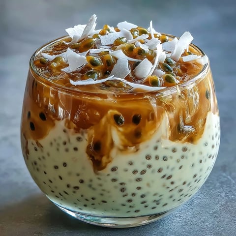 Creamy Passionfruit Chia Pudding layered in a glass, topped with fresh coconut and a sprig of mint for a refreshing vegan breakfast.