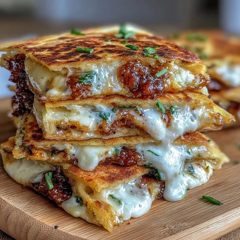 Golden, crispy flour tortilla wedges stuffed with melted goat cheese and sweet-spicy chili jam, served warm.