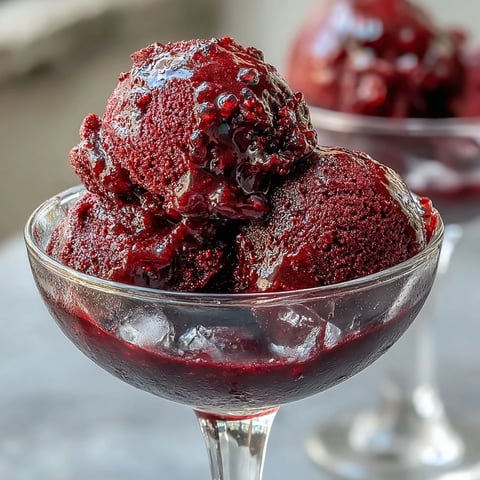 A scoop of deep purple Black Currant & Gin Sorbet in a chilled glass, garnished with fresh berries.