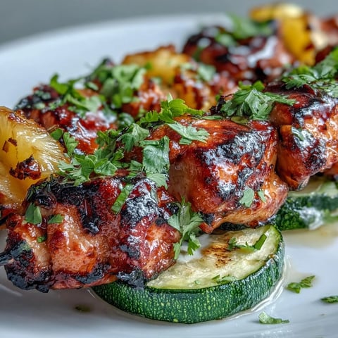 Honey-Lime Grilled Chicken Skewers with Zucchini and Pineapple sizzling on a grill with visible char marks. 