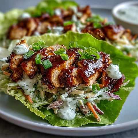 Sliced baked chicken tossed in BBQ sauce, layered in butter lettuce cups with a colorful, creamy cabbage slaw for a satisfying high-protein lunch.