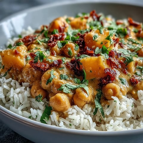 Creamy vegan mango coconut chickpea curry served over fluffy rice with fresh cilantro garnish.