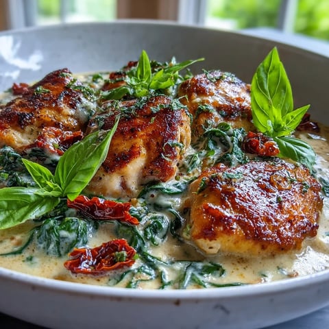 Fork-tender Keto Creamy Tuscan Chicken nestled in a rich, garlicky Parmesan cream sauce with wilted spinach.