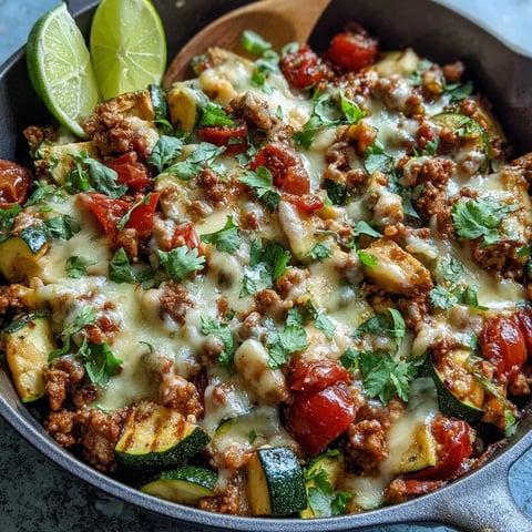 A spoon lifts melted cheddar from a hot skillet filled with One-Pot Turkey Taco Zucchini Skillet.
