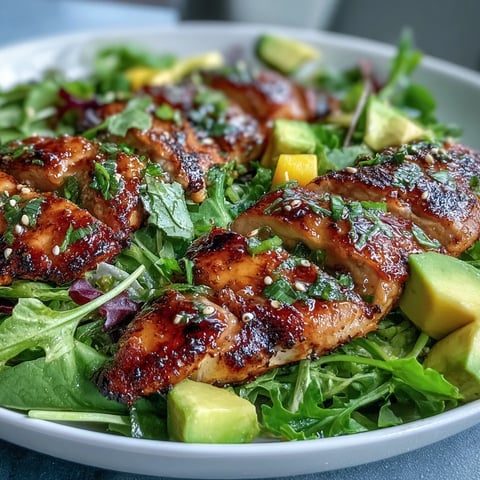 Sliced mango and juicy grilled chicken on crisp greens for a Mango Green Tea Grilled Chicken Salad.