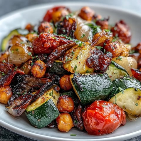 Freshly roasted Lemon Garlic Roasted Vegetable Medley with Chickpeas, featuring caramelized zucchini and red bell peppers on a baking sheet.