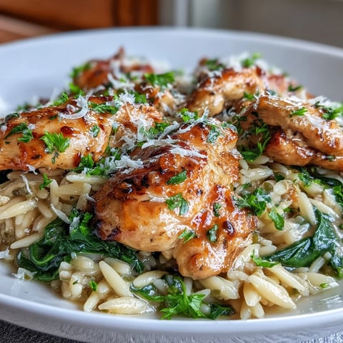 Golden seared chicken and creamy orzo simmer with garlic, lemon zest, and spinach in a skillet.