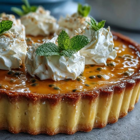Freshly baked Passionfruit Curd Tart with crisp phyllo layers, showing a bright yellow curd, fluffy whipped cream, and mint garnish on a rustic board. 