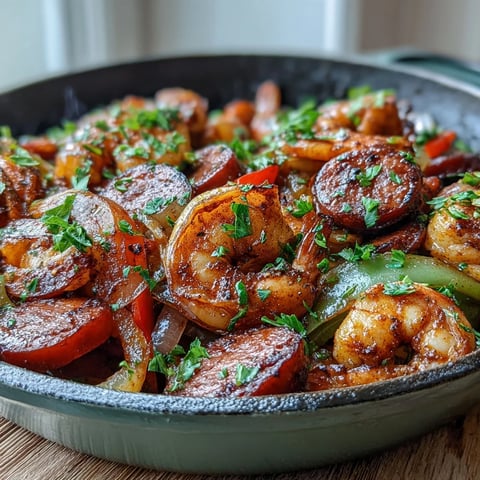 Keto Cajun Shrimp and Sausage Skillet with sizzling andouille and pink shrimp in a cast iron pan.