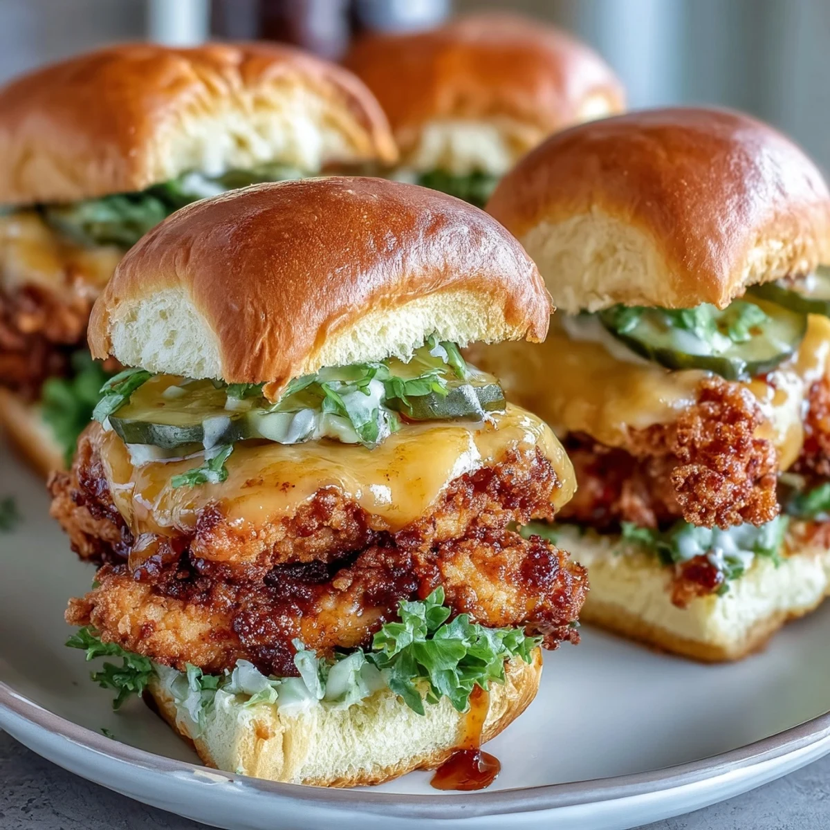Crispy fried chicken sliders topped with tangy honey mustard sauce and melted cheddar cheese. A perfect party appetizer or game day snack!