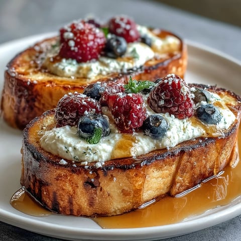 Wholesome, golden sourdough toast layered with creamy whipped ricotta, drizzled with salted honey, and topped with vibrant fresh berries.  