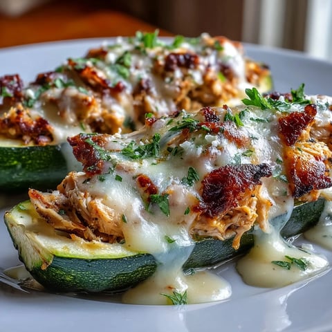 Golden baked Keto Creamy Garlic Chicken Zucchini Boats filled with melted cheese, fresh parsley garnish on white plate.