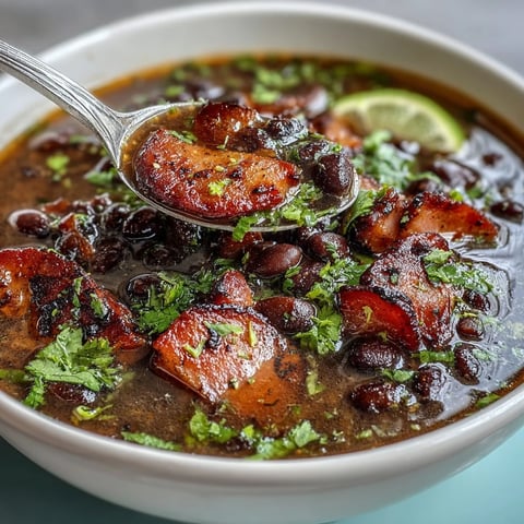 Hearty ham and black bean soup with smoky ham, tender beans, and fresh lime-cilantro garnish in a rustic bowl.  