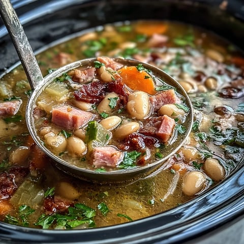 A steaming bowl of slow cooker ham and bean soup with tender carrots and celery, perfect for a cozy family dinner.