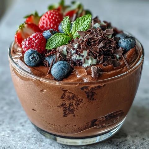 Velvety cottage cheese chocolate mousse topped with fresh berries and dark chocolate shavings for a healthy dessert.  