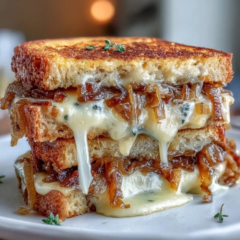 Golden sourdough grilled cheese with melted Gruyère and Swiss, loaded with rich caramelized onions for a savory, French onion soup-inspired sandwich.