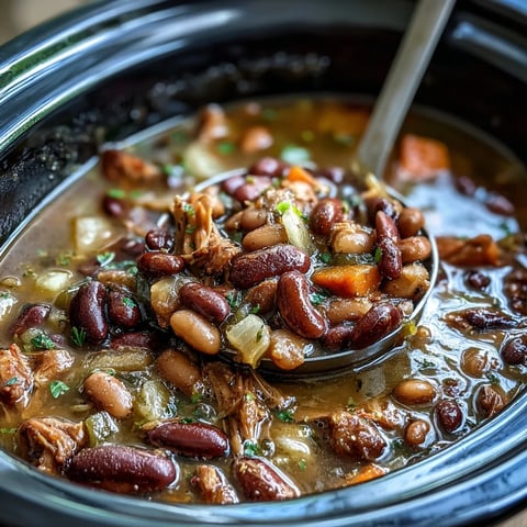 A steaming bowl of 15-bean crockpot soup with tender smoked turkey and colorful vegetables.  