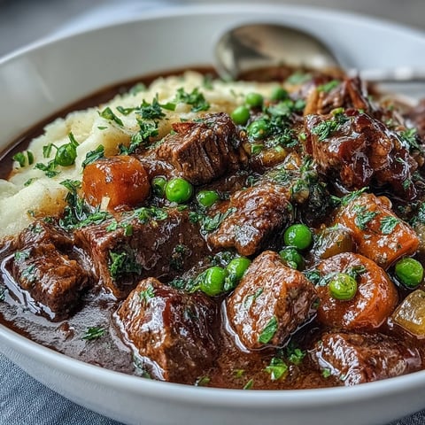 Hearty Irish beef stew with tender lean beef, vegetables, and rich red wine sauce, served over creamy cauliflower mash.  