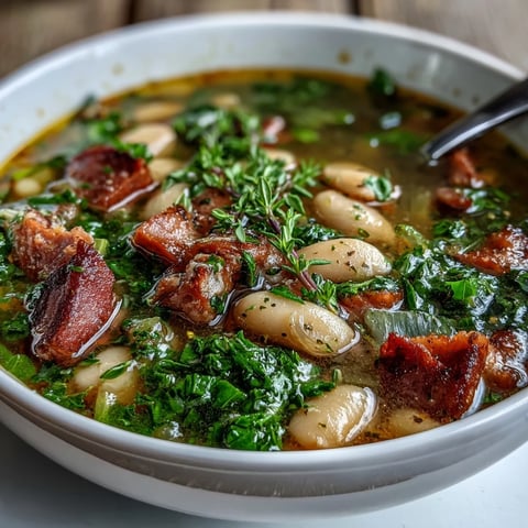 A steaming bowl of ham and cannellini bean soup, rich with tender chunks of ham and fresh herbs.
