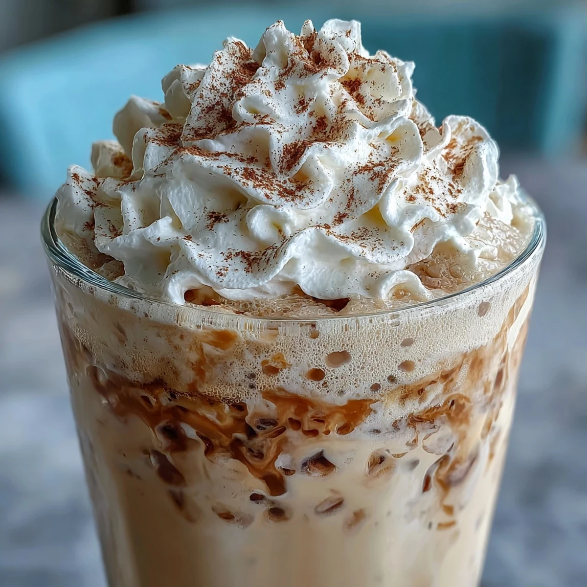 Creamy blended coffee drink with vanilla bean and almond milk, topped with light whipped cream and a sprinkle of cinnamon.  