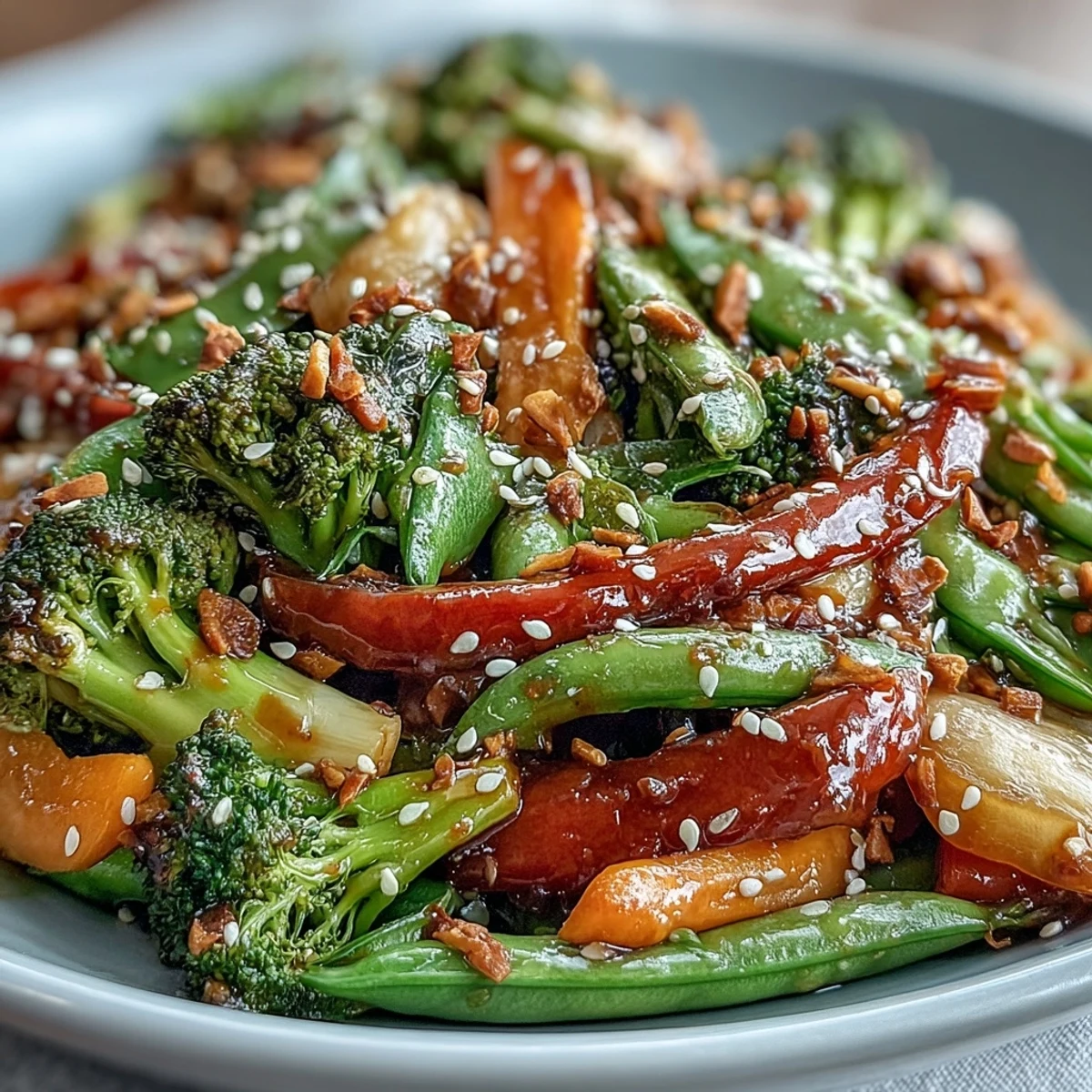 A colorful veggie stir-fry with crisp broccoli, bell peppers, and carrots in a creamy peanut sauce.  