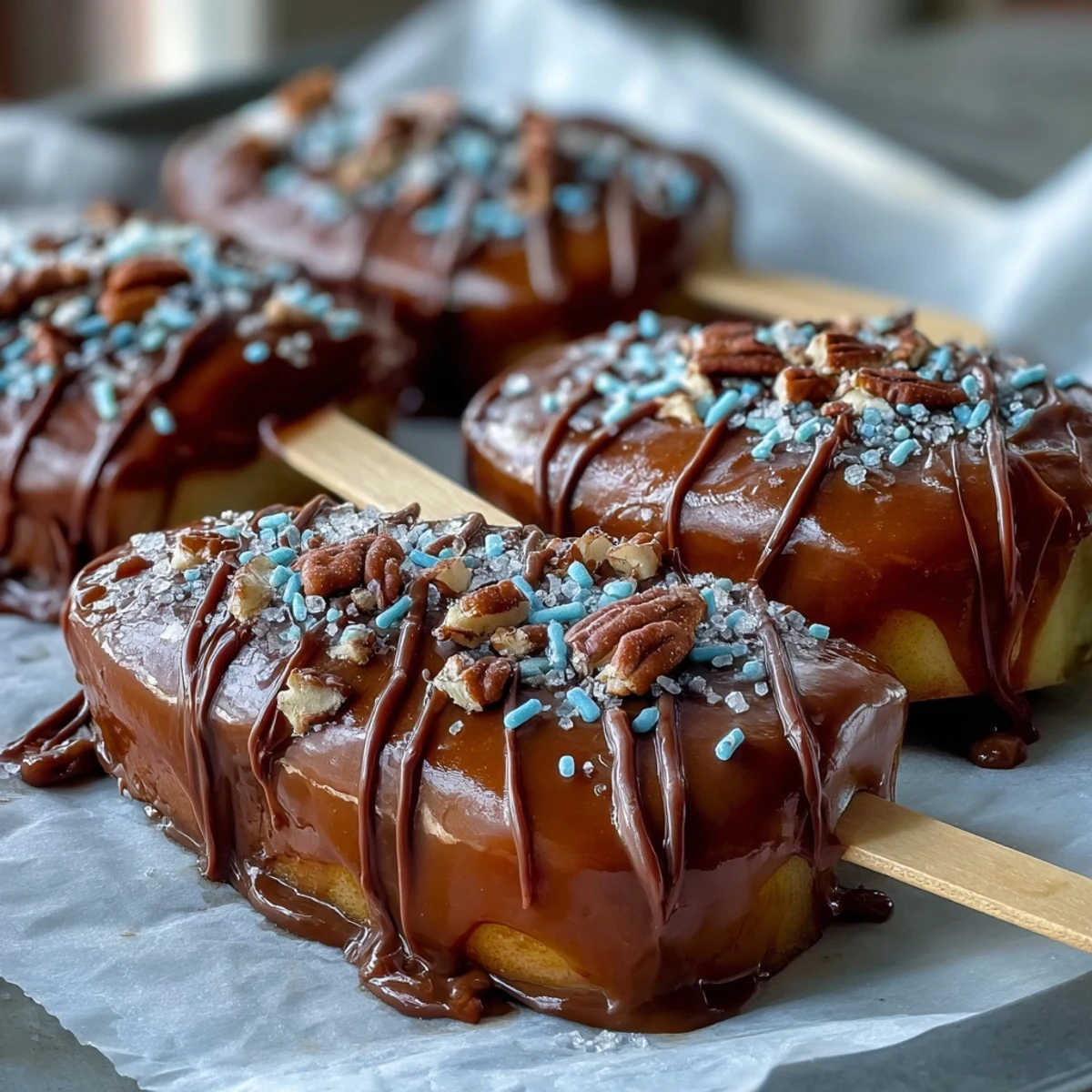 Caramel apple slices coated in rich chocolate drizzle, perfect for fall parties or festive holiday treats.