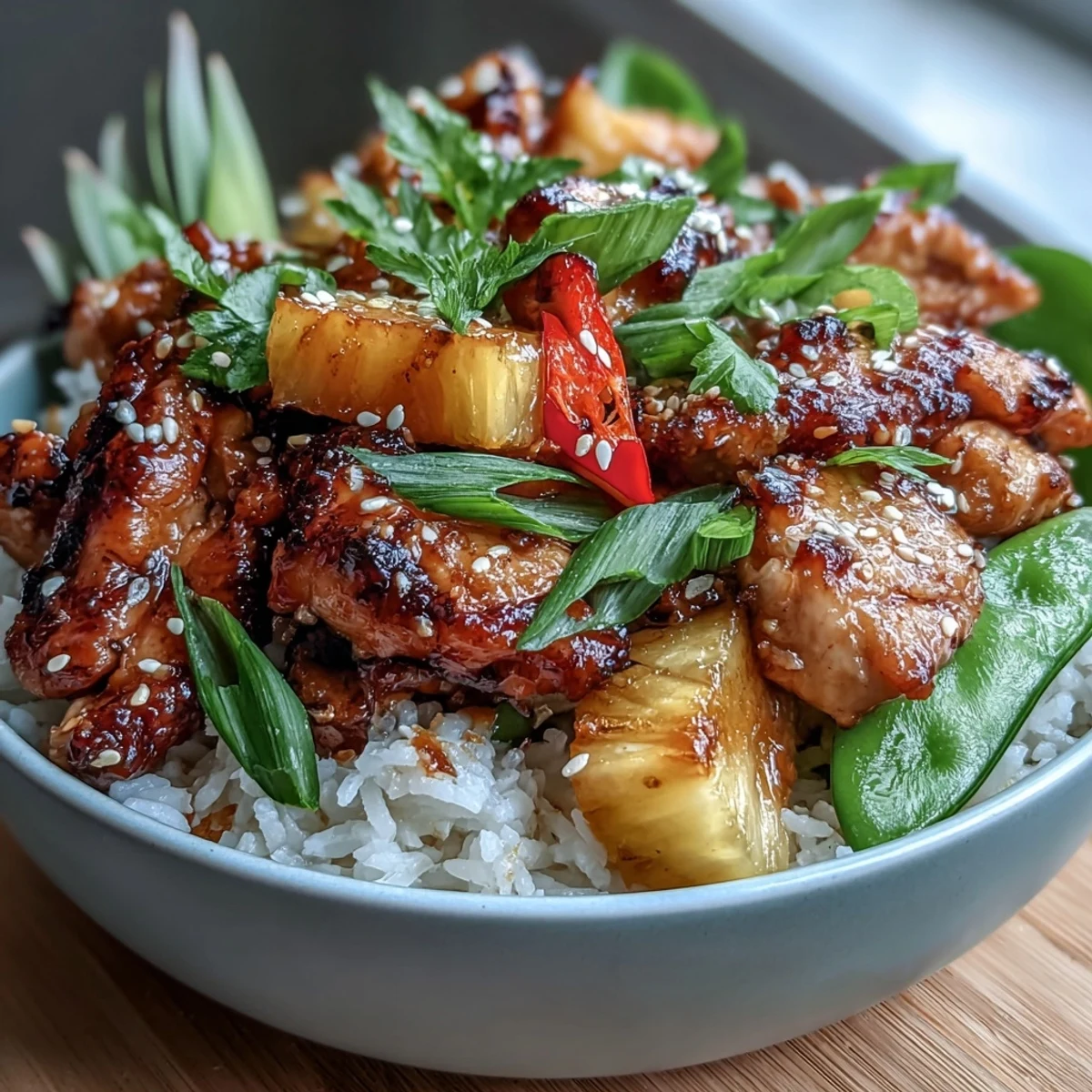 Pineapple Teriyaki Chicken Rice Bowls with tender chicken, juicy pineapple, and crisp vegetables in a glossy teriyaki glaze.  