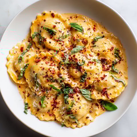 A plate of pasta with red pepper flakes on top.