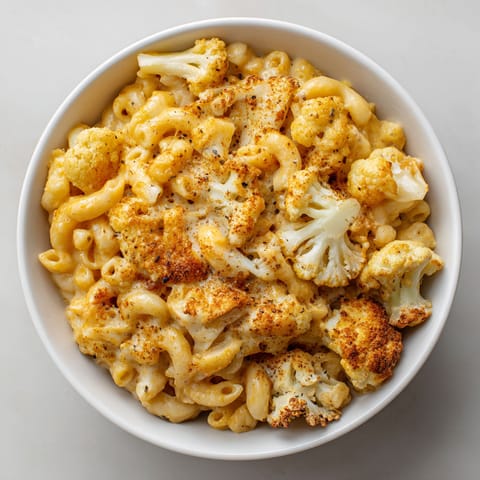A bowl of mac and cheese with cauliflower.