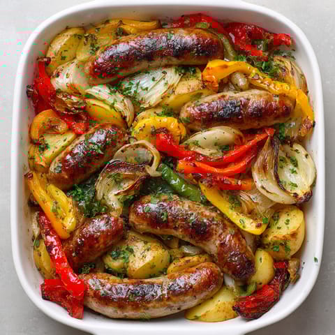 A white bowl filled with sausages and peppers.