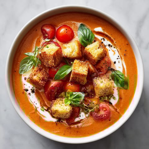 A bowl of soup with tomatoes and croutons.