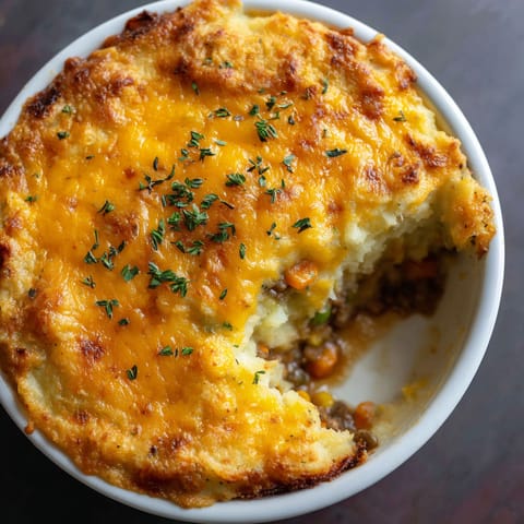 A bowl of food with a slice missing.