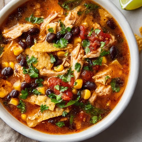 A bowl of soup with chicken, beans, corn, and tomatoes.