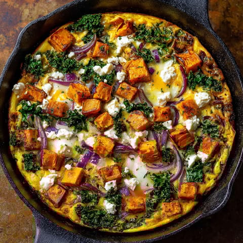 A frittata with sweet potatoes and kale.