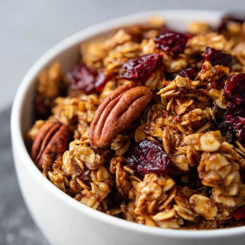 A bowl of granola with pecans and maple.