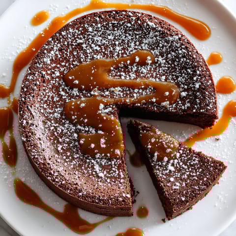 A slice of chocolate cake with caramel drizzle.